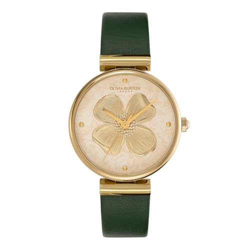 Olivia Burton Women's Dogwood Green Leather Quartz Watch, 24000092, Light Gold, 36 mm