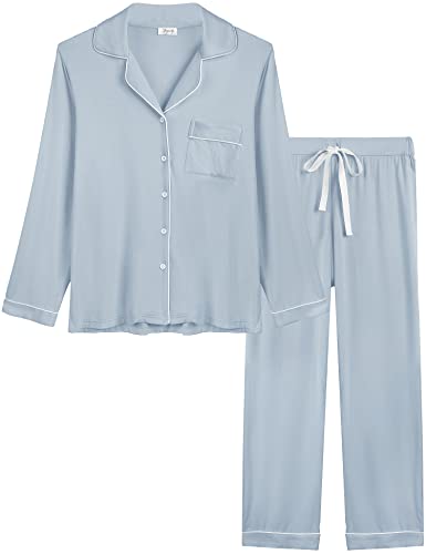 Button up Pajamas for Women Bamboo Viscose Cooling Pjs Set Long Sleeve Sleep Set(Dusty Blue, XXL)
