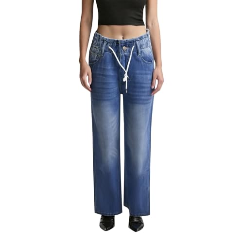 Pantalon large droit femme à taille élastique et cordon de serrage en denim