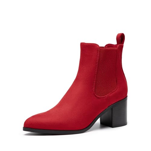 DREAM PAIRS Women's Retro Elastic Chelsea Ankle Boots Fashion Low Chunky Block Heel Pointed Toe Fall Heeled Booties Shoes 5.5 Red-suede