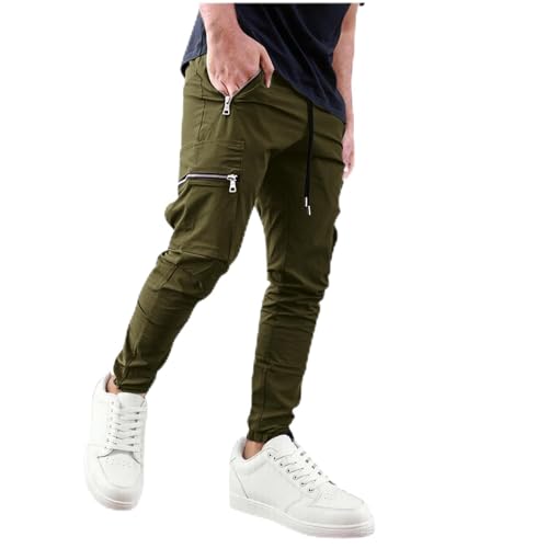 Men's Muti Pockets Cargo Pants Zipper Casual Solid Drawstring Straight Leg Pants Breathable Long Trousers Fashion
