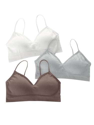 OYOANGLE Girl's 3 Pack Training Bras Ribbed Knit Spaghetti Strap Bralette Bra V Neck Padded Everyday Bras