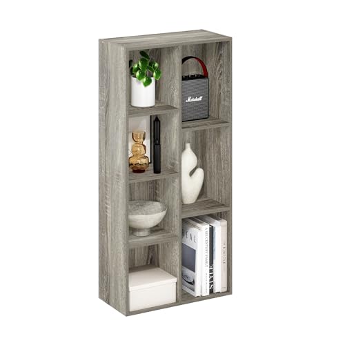 Image of Furinno LUDER Book Shelf, 7-Cube Bookshelf, Bookcase with Open Shelves, 9.4 x 19.5 x 41.7, Easy Assembly, for Living Room, Bedroom, Home Office, French Oak