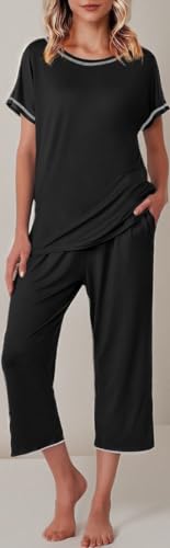 Image of Ekouaer Women's Capri Pajama Sets Print Short Sleeve Sleepwear Top and Capri Pants Soft Loungewear with Pocket