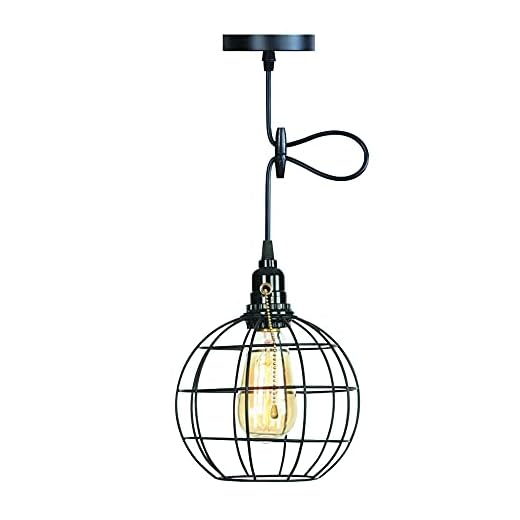 Industrial Pendant Light Fixture Pull Chain Vintage Hanging Light,On Off Switch Adjustable Height Global Pull String Metal Cage Flush Mount Ceiling Light for Kitchen Island,Farmhouse,E26 Base(Black).