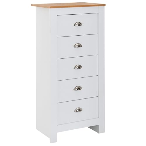 Aparador con 5 cajones, 53 x 114 x 39 cm, color blanco/roble moderno, diseño alto, estrecho, cajonera para salón
