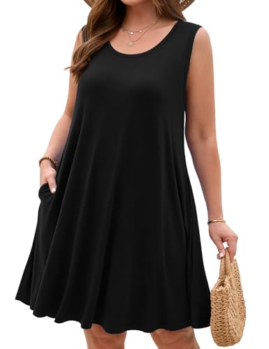 Image of JollieLovin Women Plus Size Curvy Summer Tank Sun Dresses Sleeveless Causal T-Shirt Dress Beach Swing Cover up(L-5X)