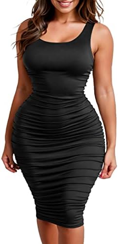 Zeagoo Women's Summer Sexy Stretch Ruched Sundress Plus Size Bodycon Midi Tank Dress,Black,XX-Large