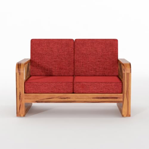 Image of Solid Sheesham Wooden 4 Seater Sofa Set for Living Room | Sofa Set with Side Pocket Storage & Cushion | Rosewood Sofa Set for Home (Honey with Red Cushion, 4 Seater)