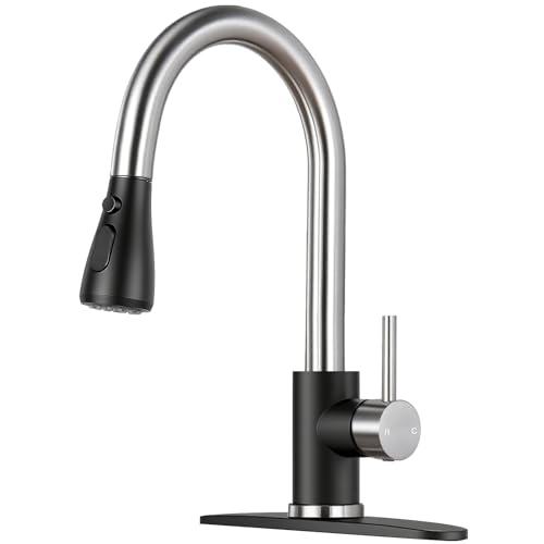 Image of Kitchen Faucet with Pull Down Sprayer - Black & Nickel Single Handle Kitchen Faucets, High Arc Stainless Steel Pull Out Kitchen Sink Faucet with Deck for RV Laundry Farmhouse Bar