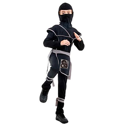 Fantasia de Ninja Samurai Preto Com Gorro Infantil Luxo M 5-8