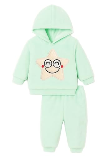 Image of Bold N Elegant Unisex Kids Fleece Printed Smiling Star Warm Fur Pullover Sweatshirt Hoodie Tshirt and Jogger Pant Winter Clothing Set Dress