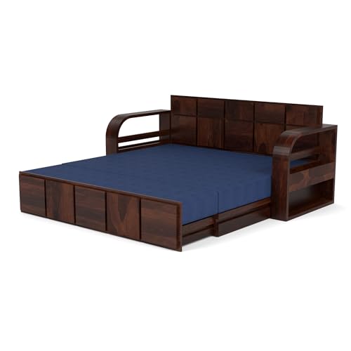 Image of Mamta Furniture Sheesham Wood Sofa Cum Bed with Storage for Living Room Bedroom | Wooden Diwan Sofa Set with Navy Blue Mattress | Solid Wood Sofa Bed in Walnut Finish