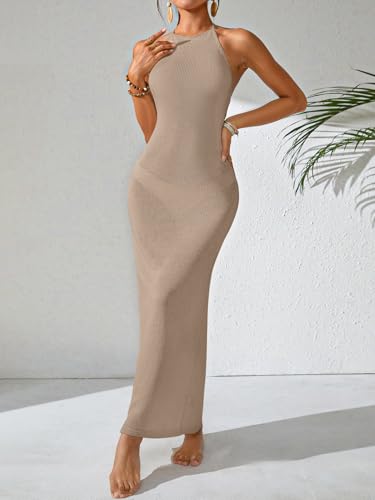 Womens Crochet Knit Slim Fit Beach Midi Wrap Dress Summer 2025 Sexy Halter Backless Slit Bathing Suit Cover Up2