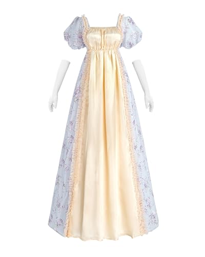 NSPSTT Regency-Kleid für Damen, Empire-Taille, Regency-Kostüm, viktorianisches Kleid, Vintage-Kleider mit Handschuhen, Empire-Taille, Champagner,...