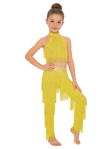 Vêtement danse enfant jaune 9-10 ans avec crop top halter et pantalon pour salsa rumba