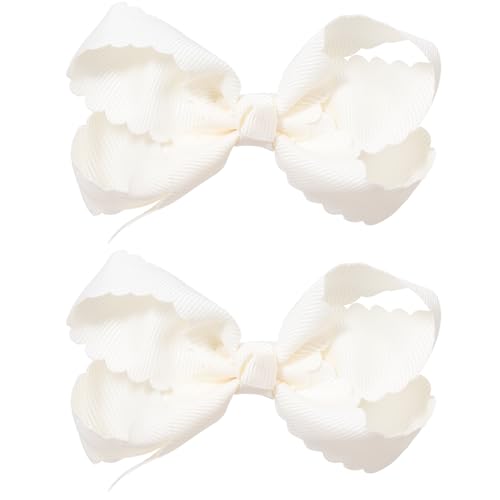 2 Pcs 3' Off White Grosgrain Ribbon Hair Bows for Girls,Handmade Scalloped Edge dressy Bow Alligator...