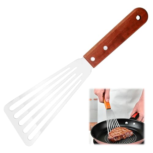 Spatule Ajourée en Acier Inoxydable avec Bords Biseautés, pour Retourner Facilement Poisson, Œufs, Crêpes, et Plus, Manche en Bois Massif Résistant à la Chaleur