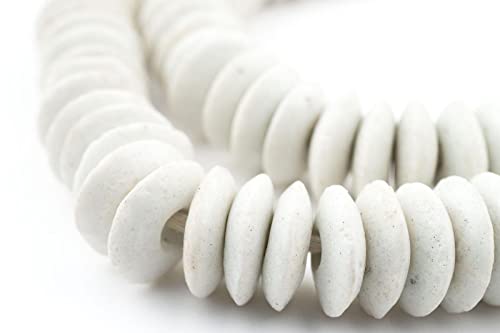 TheBeadChest Ashanti Fair Trade Glass Saucer Beads - African Tribal Ethnic Disk Rondelle Spacers (White)