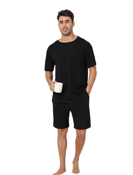 zilcon Men's Pajama Sets Short Sleeve T Shirts 2 Piece Shorts Lounge Sets Summer Sleepwear (Black_XL)-picture-38