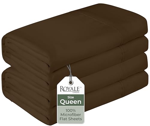 Royale Linens 2 Pack Bulk Flat Sheet Set - Top Sheets -Soft 1800 Microfiber - Wrinkle & Stain Resistant - for Hotel, Massage Table, Hospital, Dorm - Queen Flat Sheet Sold Separately (Queen, Chocolate)