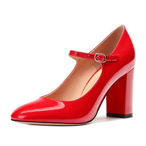 Women's Mary Jane Pumps, Womens Closed Round Toe Block Chunky High Heels Back Strap Party Dress Office High Heel Shoes 3.15 Inch