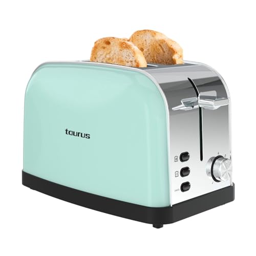 Taurus – Tostador Vintage II Mint, 950W, 2 Ranuras 135 x 35 mm, 7 Niveles, 3 Funciones, Cuerpo Inox, Autocentrado, Recogemigas, Elevación Extra, Recoge cables, Menta