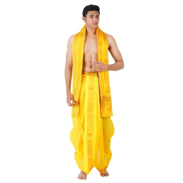 9 X 5 Colour Panchakacham Dhoti for Men with Angavastram | Unstitched Traditional South Indian Veshti Set | Colour Cotton Dhoti with Towel Set for Man | Premium Wedding Festival Ethnic Wear-image-28