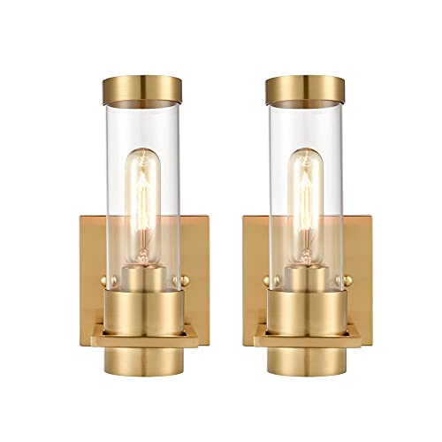 Shawnkey Modern Wall Sconce Brass Gold Wall Light Fixtures Over Mirror With Cylindrical Clear Glass Shade For Bathroom 2 Pack #TOP10