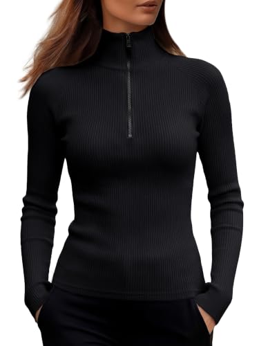 ANRABESS Long Sleeve Shirts for Women Quarter Zip Ribbed Top, Black, L