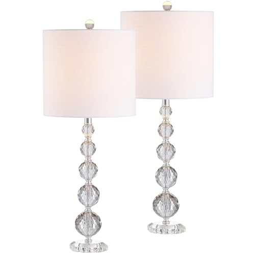 JONATHAN Y 28.5" Clear Crystal Faceted Orb Table Lamp Set of 2, Modern Glam Chrome Bedside Lamps for Living Room, White Linen Drum Shade, UL Listed, LED Bulbs Included JYL5002A-SET2