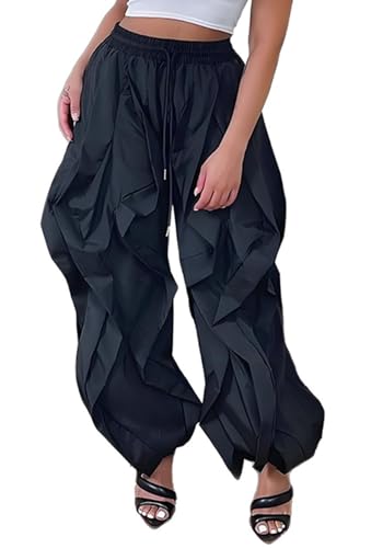 Image of Lucuna Women Balloon Pants Ruffle Fringe Drawstring High Waist Wide Leg Baggy Joggers Parachute Pants
