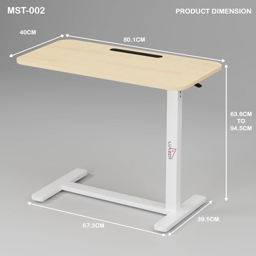 Image of Lukzer MST-002 White Frame Brown Oak Top Overbed Table with Wheels | Adjustable Height Laptop Desk for Bed & Sofa | Rolling Bedside Table for Home, Hospital & Office (40x80x95 cm)