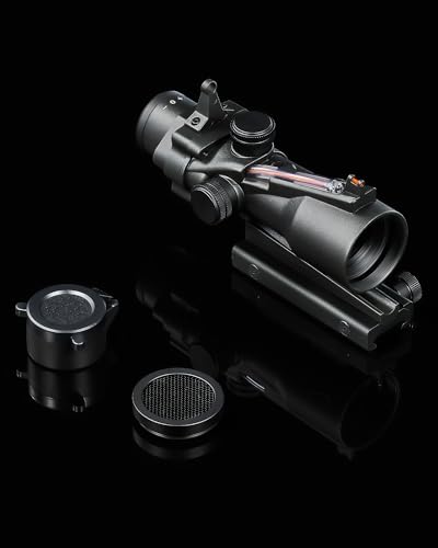 PINTY 4x32 Prism Scope with Fiber Sight, 4X Compact Tactical Rifle Scope with Fiber Reticle Sight, Iron Sights, Multicoated Lenses, Fiber Optical Scope for 20 mm Picatinny, Black