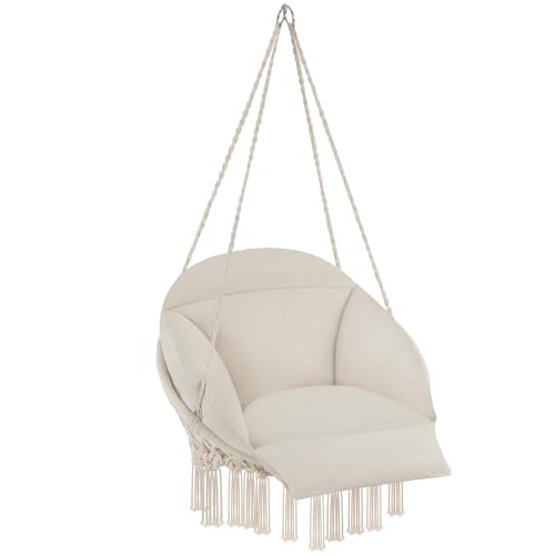 tectake® Cesta Colgante de Estilo Boho Ø 80 cm, Cojines Gruesos de 10 12 cm, Sillón Balancín con Robustas Borlas y 2 Anillas de Fijación, para Interior y Exterior, Cap. de Carga: 160 kg   Beige