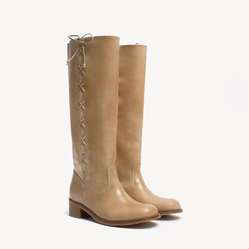 Knee High Boots for Women Round Toe Chunky Low Heel Booties Side Lace Pull On Long Tall Fashion Winter Boots3