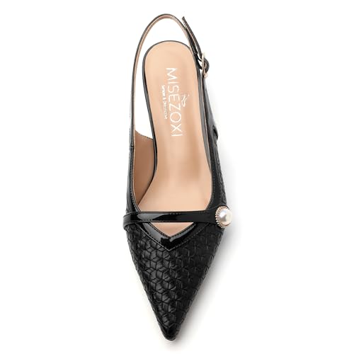 Womens Heeled Slingback Pumps, Pointed Toe Low Thick Kitten Heel Slingback Shoes for Women, Embossed Woven Shoes with Pearl Decoration 1.2"3