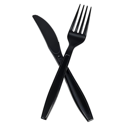 Praelian 200 Pezzi Posate in Plastica Nere - 100 Pezzi Coltelli e 100 Pezzi Forchette in Plastica Senza BPA, Stoviglie Monouso Riutilizzabili per Feste, Grill, Matrimoni ed Eventi