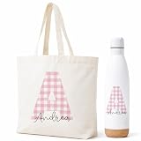 Gifters | Pack Bolsa y Botella Personalizadas con Inicial y Nombre | Estampado Cuadros Vichy | Tote Bag + Botella Acero Inoxidable 750 ml | Regalo Original Mujer, Amiga, Madre, Navidad, Cumpleaños