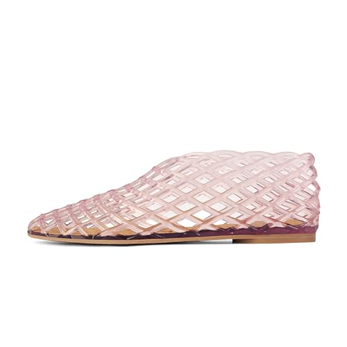 Image of Pink Jelly Mesh Ballet Flats for Women Adult Clear Hollow Jelly Sandals Closed Toe Beach Ballerina Jellies Shoes Comfortable Fishnet Ballerina Flats