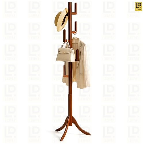 Image of LEOPAX Premium Bamboo Floor Standing Coat Rack with 6 Hooks | Heavy Stable Base Coat Stand for Jackets, Bags, Hats & Scarves | Dark Brown (170 x 50 x 50 cm)