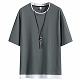 [Mifish] 夏服 メンズ tシャツ 半袖 無地 重ね着風 大きいサイズ ゆったり 五分袖 柔らかい肌触り 涼しい (#11：グレーグリーン, L)