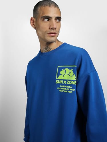 Image of Veirdo Cotton Polly Fleece Oversized Fit Blue Graphic Sweatshirt for Men