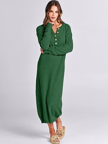 Image of ANRABESS Women Long Sleeve Button V Neck Oversized Casual Loose Fit Waffle Knit Fall Midi Sweater Dress 2026 Trendy Outfits