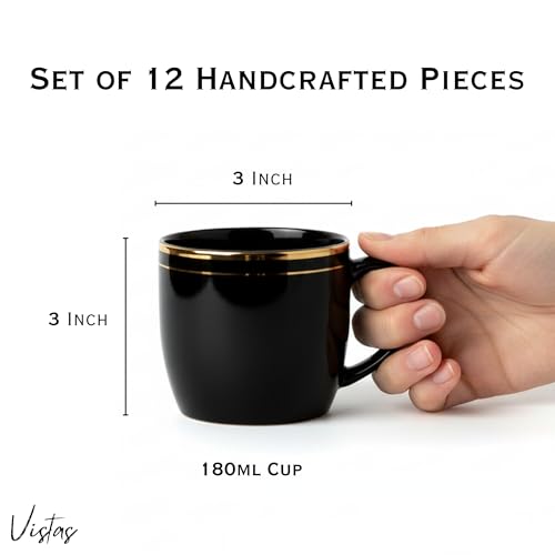 Image of Vistas Black Gold Line Ceramic Tea Cups Set of 12, 180ml | Porcelain Tea Cups Set of 12 | Glossy Finish | Premium Ceramic | Perfect for Every Occasion