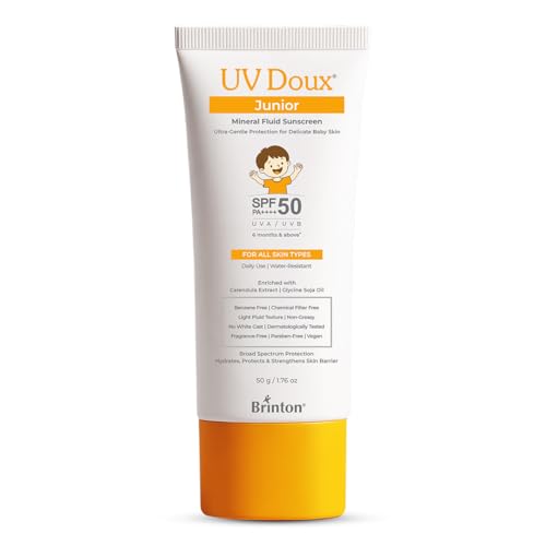 Image of UV Doux Junior Mineral Fluid Sunscreen SPF 50 for Babies & Kids | 100% Mineral Zinc Oxide | Chemical Filter Free | Fragrance Free | No White Cast | DermatologicallyTested | 50 g