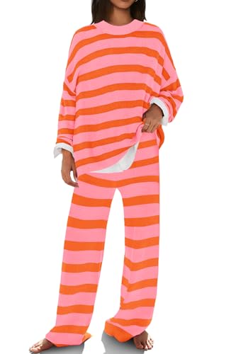 Image of SENSERISE Womens Striped Set Sweater Lounge Sets Matching Fall Outfits Long Sleeve Tops and Pants with Pockets
