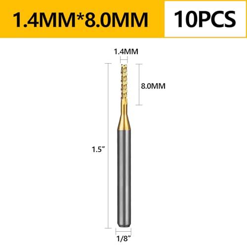 Image of Tools 10Pcs 1.4mm TiN Coating Solid Carbide End Mill Engraving Milling Cutter CNC Router Bits for PCB Machine, 1 /8 inch Shank 1BOX