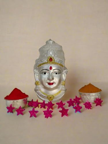 indiancraftsbykanika german silver pooja set lakshmi mukut/face with 15 flowers, 2 bowls for housewarming