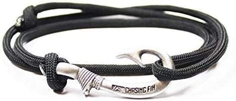 Chasing Fin Fish Hook Pendant Bracelet - Cool 30-Inch Military-Grade 550 Paracord Bracelet & Anklet - Adjustable Size, 100% Nylon Nautical & Fishing Accessory Hook Pendant, Pewter (Acid Brown, Pewter)